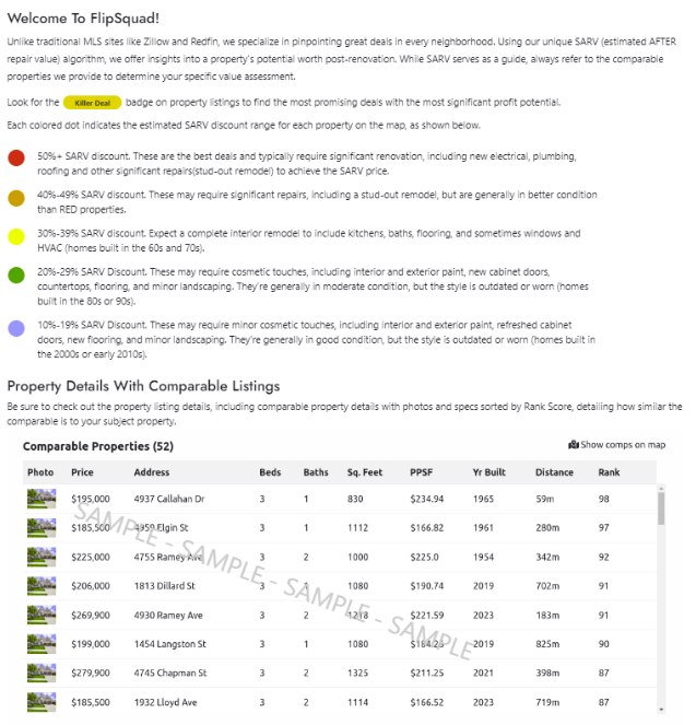 A property comparable tool to help evaluate properties for flipping houses