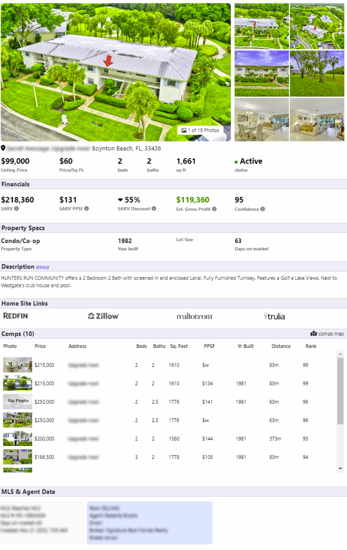 Example property with stats for a house that is for sale for flipping houses