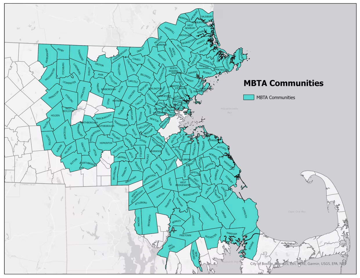 Map of MBTA Communities in Boston Area