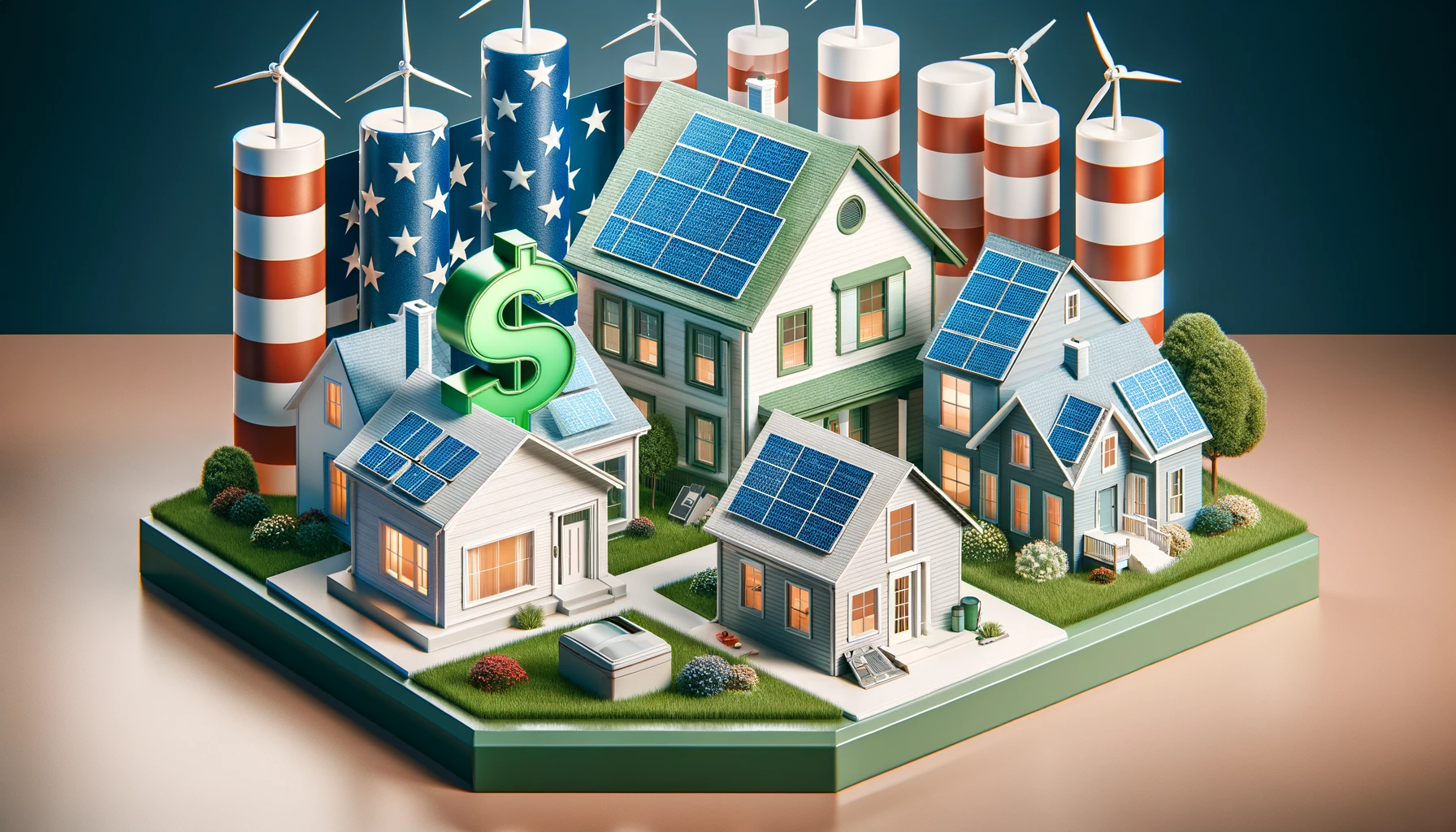 Create a 3D image illustrating the concept of the Inflation Reduction Act focused on home energy rebates. The image should feature a group of homes with a green energy theme, such as solar panels on roofs and wind turbines in the background. Incorporate elements that suggest energy efficiency and sustainability. The homes should be stylized and modern, with clean lines and an eco-friendly design. The background should have a patriotic theme with elements such as stars or a subtle American flag motif to tie in with the legislative aspect of the act.