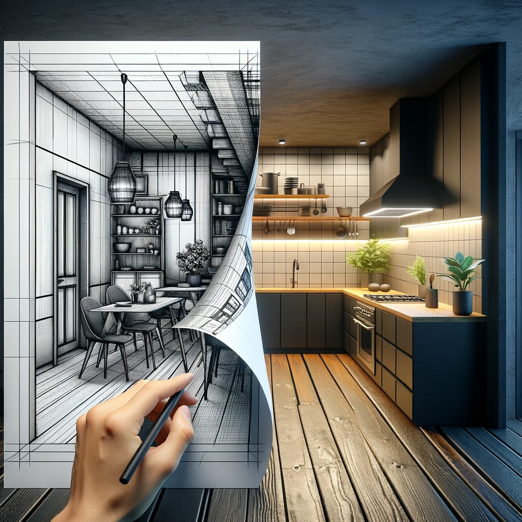 Create a 3D image based on the provided photograph, showing a creative transition from a blueprint to a finished room. The image should depict a human hand pulling back a sheet of paper with a line drawing of a room on it, transitioning into a realistic and fully furnished kitchen. The contrast between the black and white sketch and the colored, detailed rendering of the kitchen should be striking, emphasizing the transformation from planning to completion in interior design. The kitchen should appear modern, with contemporary furnishings and fixtures, and the overall effect should be a seamless blend of 2D sketch and 3D reality.